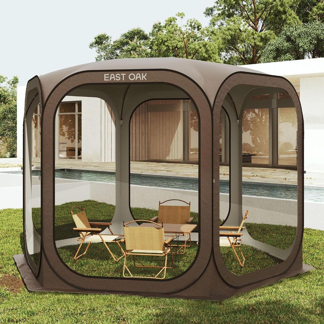 East Oak Screen House Tent Pop-Up, Portable Screen Room Canopy Instant Screen Tent 10 x 10 FT with Carry Bag for Patio, Backyard, Deck & Outdoor Activities, Brown, 1010 FT