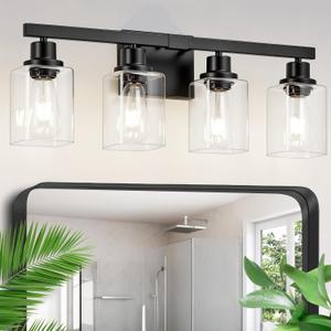 Bathroom Light Fixtures, 4-Light Matte Black Bathroom Vanity Lights with Square Clear Glass Shade, Bathroom Lights Over Mirror Wall Lamp Sconces for Mirror, Bedroom, Living Room, Hallway