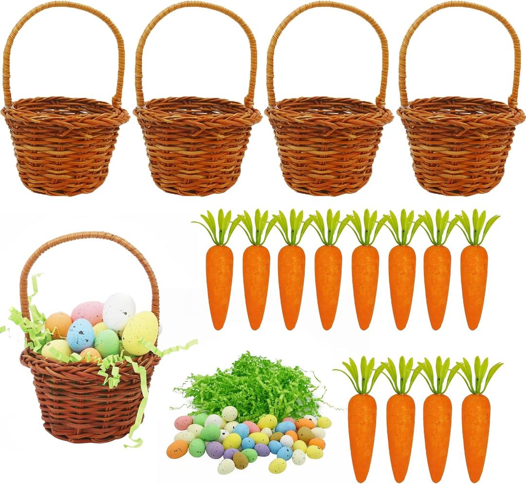 2 x Easter Basket Decorations Set, 4 Mini Baskets with Grass, 40 Foam Eggs, 12 Foam Carrots for Home Decor, Party Favors, Holiday Crafts