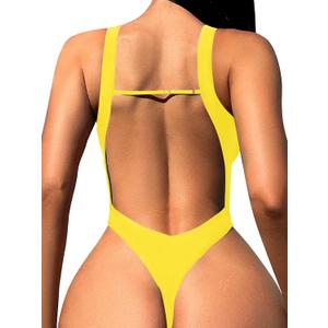 Sexy Backless Cheeky High Cut Leg Thong V Neck One Piece Swimsuit (Small, Yellow)