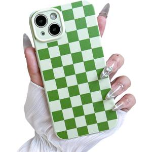 MINSCOSE for iPhone 14 Case Aesthetic Checkered Plaid Checkerboard Design Pattern,Trendy Slim TPU Shockproof Protective Full Camera Protection Phone Cover-Green