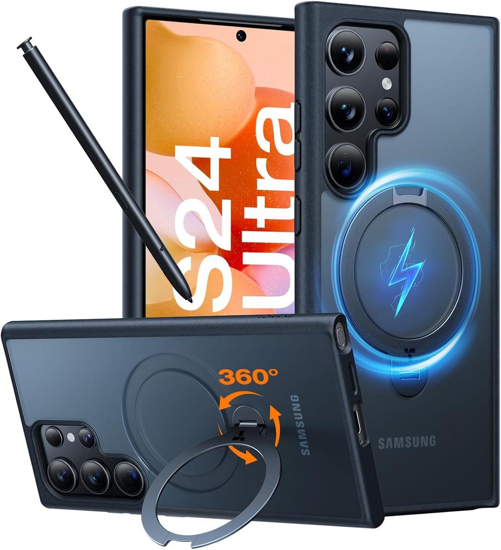 TORRAS 360 Spin Magnetic Stand for Samsung Galaxy S24 Ultra Case [Fit for Magsafe] Military Grade Shockproof Slim Protective S24 Ultra Case with Kickstand & Ring Holder, Ostand 360 Spin, Black