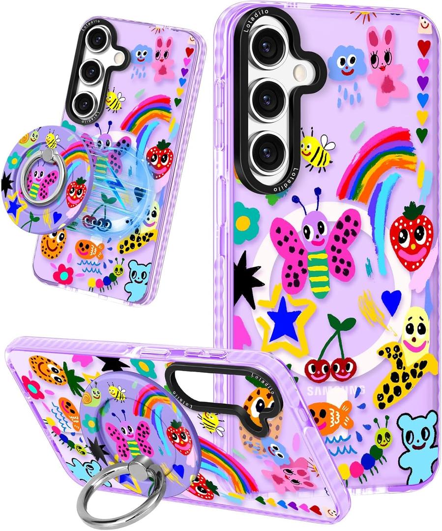 for Samsung Galaxy S24 Plus Case for Women - Girls Cute Design Compatible with Magsafe Magnetic Ring Holder Stand Art Crayon Painting Phone Covers Aesthetic Girly TPU Funda for S24 Plus