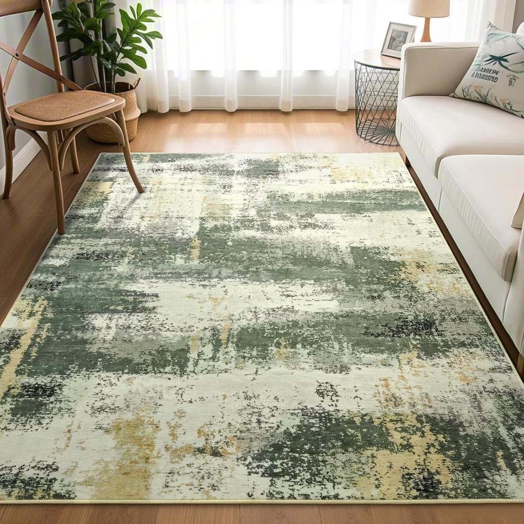 4x6 Area Rug, Modern Abstract Carpet for Bedroom, Soft Washable Rugs for Living Room, Non Slip Thin Low Pile Floor Carpets for Dorm Dining Room Entryway Office Decor, Green