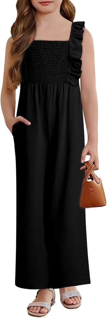 Girls Jumpsuit Ruffle Sleeveless Smocked Wide Leg Romper One Piece Summer Outfits with Pockets ((14Y-15Y)3XL, Black)