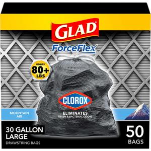 Glad Large Trash Bags, ForceFlex with Clorox, 30 Gal, Mountain Air, 50 Ct (Package May Vary)