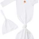 Newborn Baby Boys Girls Knotted Gown Hat Set Soft Bamboo Viscose Infant Sleeper Baby Sleep Gown with Mittens 0-3M