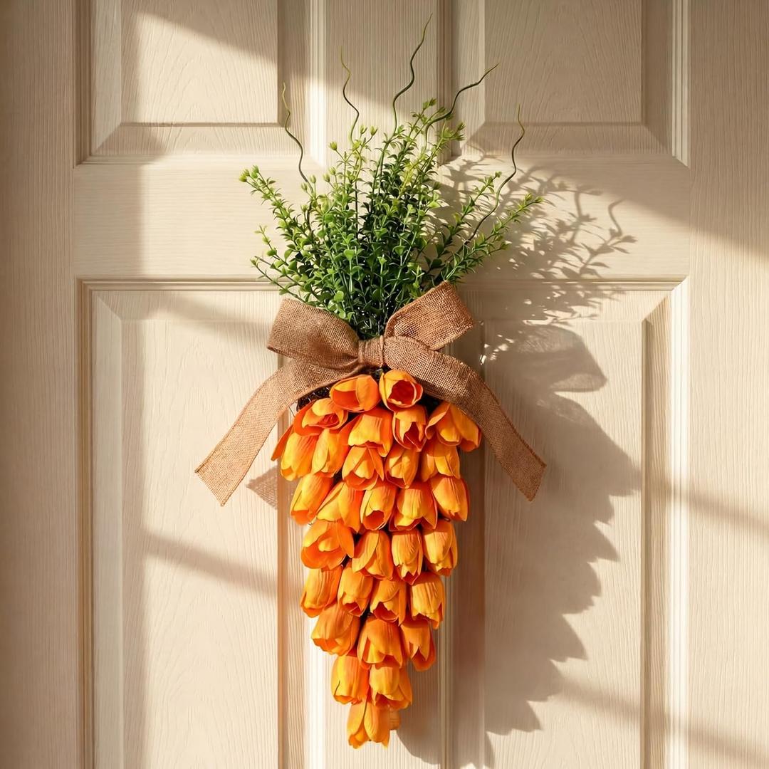 Suncalla 1 Pack Easter Tulip Carrot Wreath Decoration, 24 Inch Spring Artificial Orange Carrot Wreath Decor with Green Branches Spring Flower and Easter Egg for Home Door Wall Mantel Window Decor