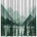 Mountain Shower Curtain Green Forest Bathroom Set with Hooks Home Decor 72x72inches