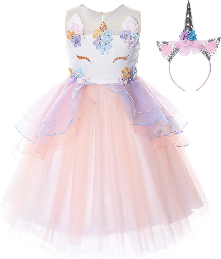 JerrisApparel Flower Girls Unicorn Costume Pageant Princess Party Dress (7 Years, Orange)