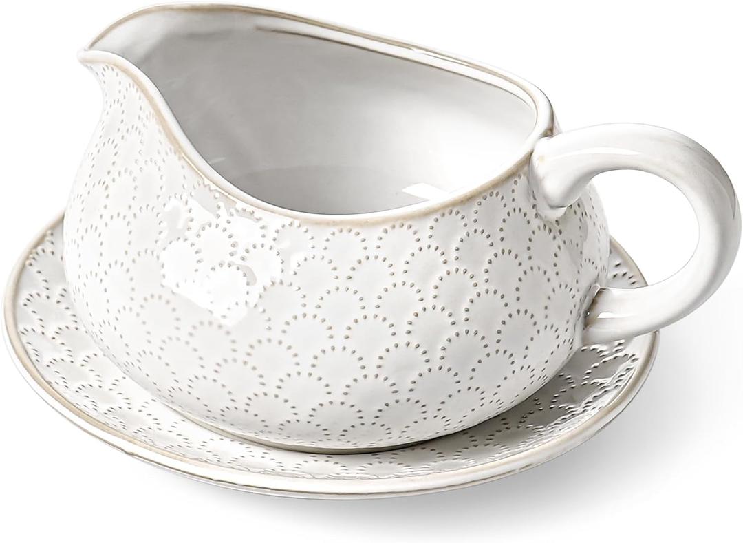 LE TAUCI Gravy Boat with Saucer Stand 24oz, Ceramic Sauce Boat with Tray for Salad Dressings, Creamer, Broth, Black Pepper, Set of 1, Arctic White, Firework (No Ladle)