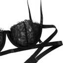 Lilosy Sexy Eyelash Underwire Floral Lace Sheer O Ring Linked Cutout Lingerie Set 2 Piece (Black)