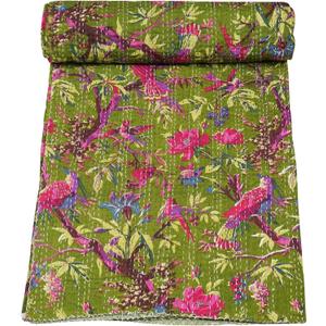 Marubhumi Indian Handmade Stitched Pure Cotton Bohemian Bird Print Kantha Quilt (Mahandi, Queen (90"x 108")