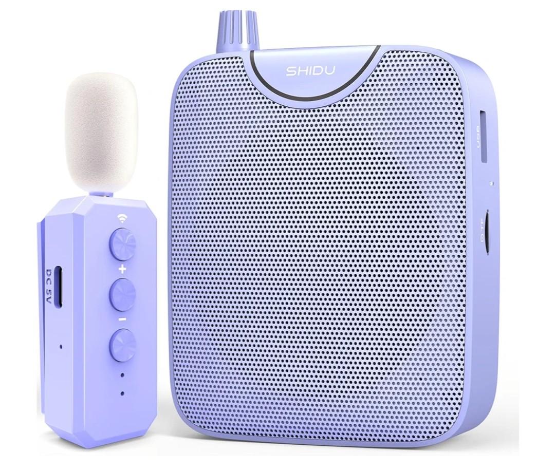 SHIDU 35W Power Voice Amplifier with Bluetooth Wireless Lavalier Microphone, Portable Teacher Mic with Speaker Personal Clip On Microphone System for Teacher Meeting Training-M500 (Purple)