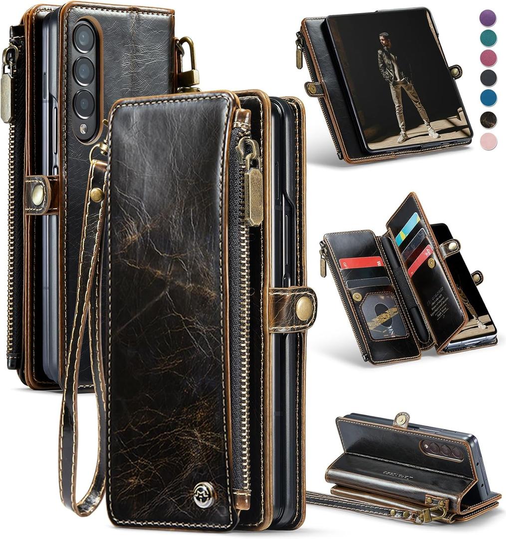 Defencase Wallet Case Compatible with Samsung Galaxy Z Fold 4 with RFID Blocking Card Holder & S Pen Holder Slot PU Leather Magnetic Snap Flip Zipper Strap Phone Case Fit for Galaxy Z Fold 4, Coffee