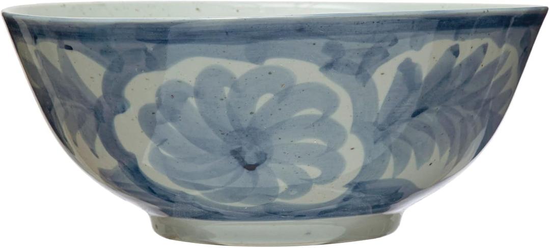 Hand Painted Stoneware Bowl with Floral Design, Blue and White, 14 inches x 14 inches x 6 inches