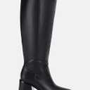 Coutgo Women's Knee High Boots Wide Calf Square Toe Chunky Heeled Pull-on Boot (6.5, Black)