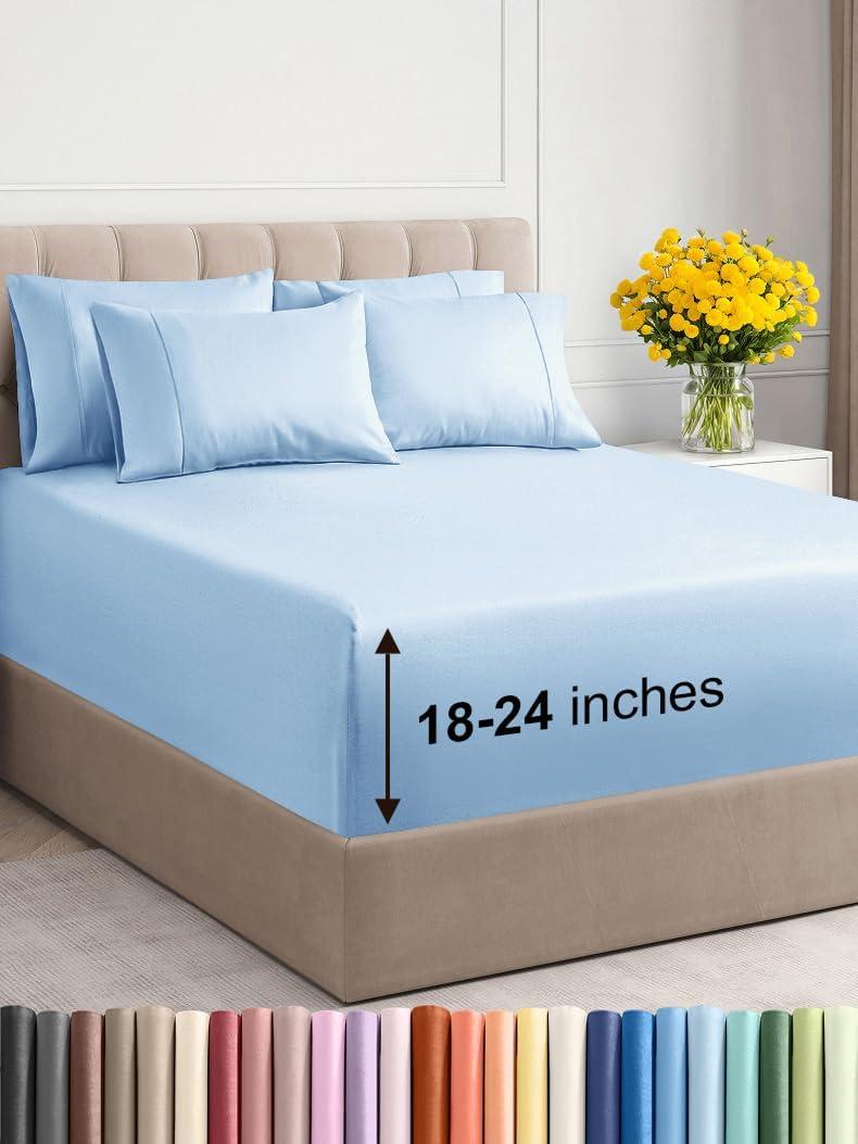 Extra Deep Queen Sheet Set - 6 Piece Breathable & Cooling Sheets - Hotel Luxury Bedding Set with 18-24 Inch Extra Deep Pockets - Easy Fit - Super Soft, Wrinkle Free and Comfy - Light Blue, Queen Size (19 - Baby Blue)
