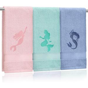 Pack of 3 Coastal Mermaid Hand Towels for Bathroom 100% Cotton Embroidered Beach Bathroom Towels 13.78 x 29.53 Inch Soft Absorbent (Pink Green Blue, Mermaid)
