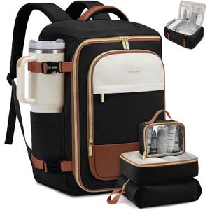 LOVEVOOK 40L Travel Backpack Carry on Flight Approved, Personal Item Bag with 3 Packing Cubes, Travel Backpack Bag for Women Fits 17" Laptop, Water-resistant Carry On Backpack for Airplanes (Black & Brown)