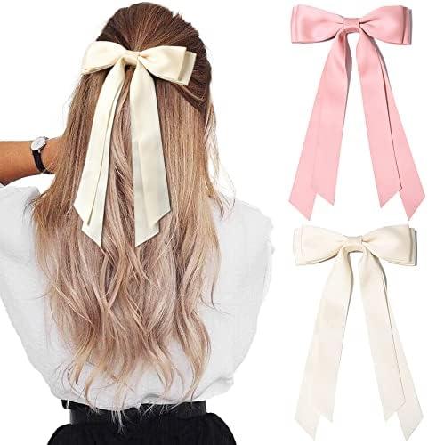2PCS Silky Satin Hair Bows Hair Clip Beige Pink Hair Ribbon Ponytail Holder Accessories Slides Metal Clips Hair Bow for Women Girls Toddlers Teens Kids