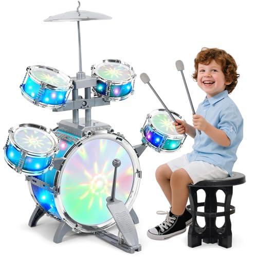 LeeQee Drum Set for Kids 1-3, Jazz Drumset for Toddler 3-5 Vibrant Aurora Light with 5 Pcs High Drums, Musical Instruments Toy for Age 5-7 Year Old Boys Girls