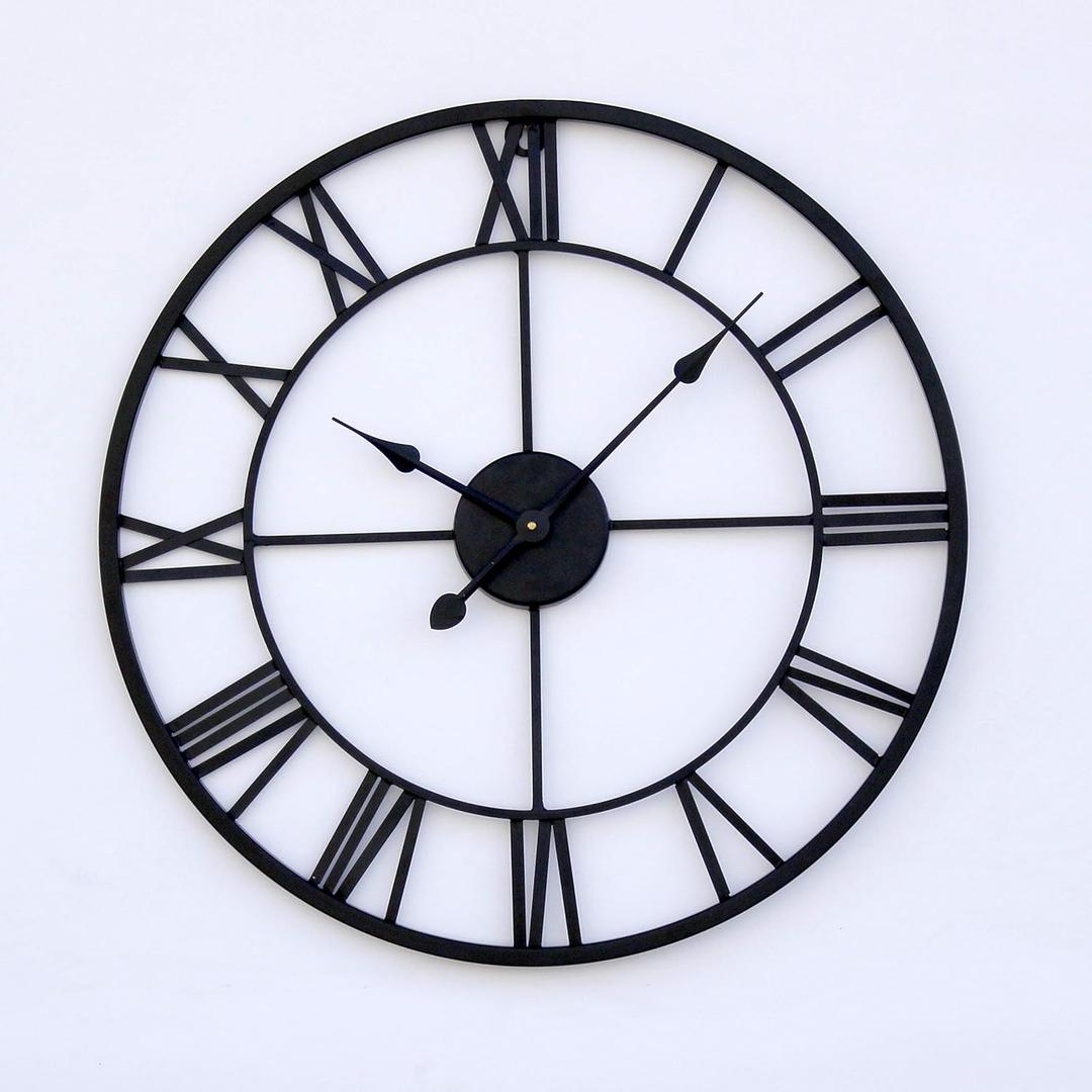 24 Inch Metal Wall Clock for Living Room Bedroom Decor | Cut Out Roman Numeral Medium Wall Clocks | Hand Crafted Analog Watches Home Office Farm House (Black)