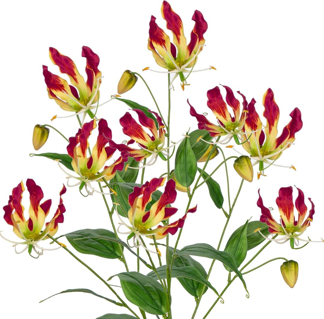 Briful Set of 3 Artificial Flowers Sprays Fake Gloriosa Superba Flowers, Fushia Faux Flame Lily Flowers Bouquets Floral Arrangement for Wedding Home Farmhouse Centerpieces Vase, Fall Decor (Red)