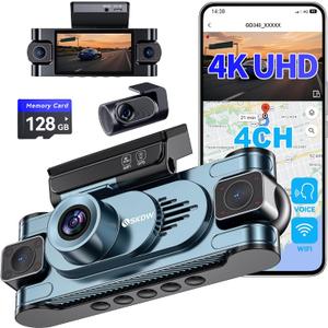 4 Channel Dash Cam 360 View,4K Front Rear Inside Dashcam,Left Right Dash Camera for Cars,Built-in GPS, 5G WiFi,Voice Control,Night Vision, 24/7 Recording Parking Mode Monitor, Free 128G Card (Blue)