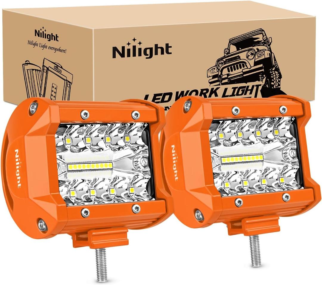 Nilight LED Light Bar 2PC 4Inch 60W Flood Spot Combo Triple Row Driving Lamp Roof Bumper Off Road Work Lights for Van Camper Wagon Car Pickup Golf Cart ATV UTV SUV Truck Boat 4x4 (2Pcs Amber Shell with White Light)