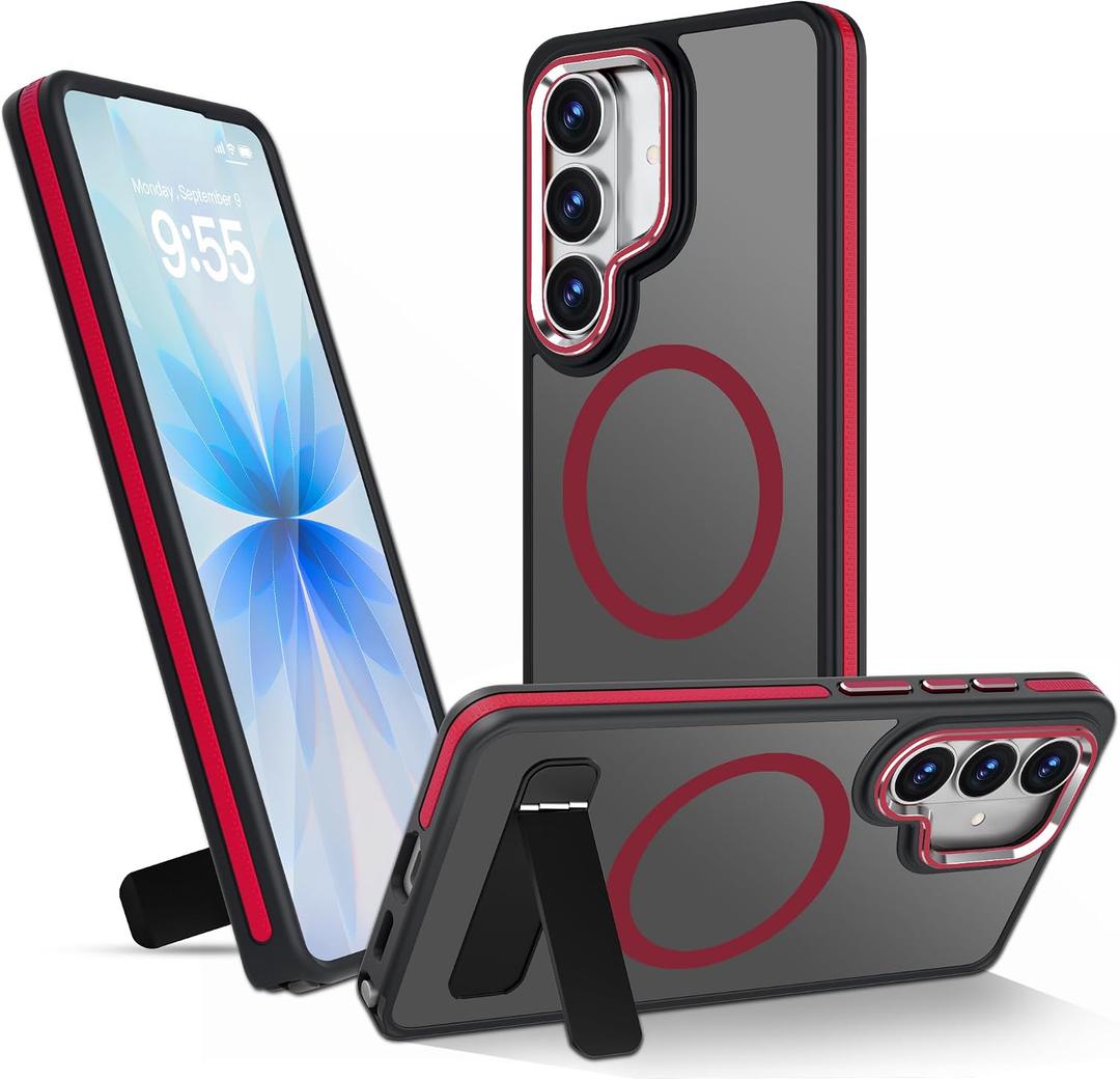 Magnetic Case for Samsung Galaxy S26, Built-in Invisible Kickstand, Compatible with MagSafe, Military Grade Shockproof, Non-Slip Comfort Grip Protective Phone Case, Red
