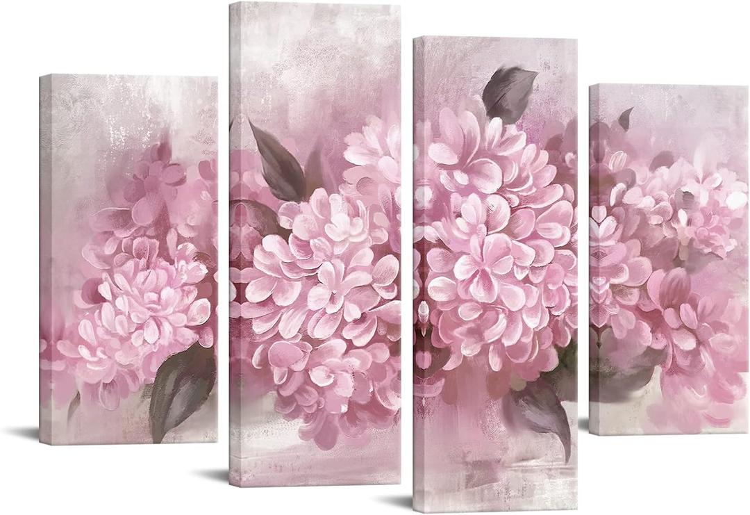 FuShvre Pink Flower Wall Art Hydrangea Floral Canvas Painting Prints for Home Bedroom Living Room Wall Decor Framed Large
