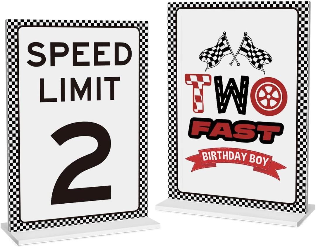Speed Limit 2 Sign, 2 Fast birthday Boys Sign for Boys Birthday Party Decorations, 2PCS 5x7 Inches Acrylic Sign with Stand, Let's Go Racing Party Supplies for Boy Race FansRed)