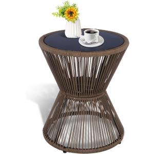 LEWIS&WAYNE Small Outdoor Side Table Patio 20 H Woven Rope Hourglass End Table with Glass Top Round Coffee Table for Living Room Outdoor Patio Backyard Poolside (Brown)