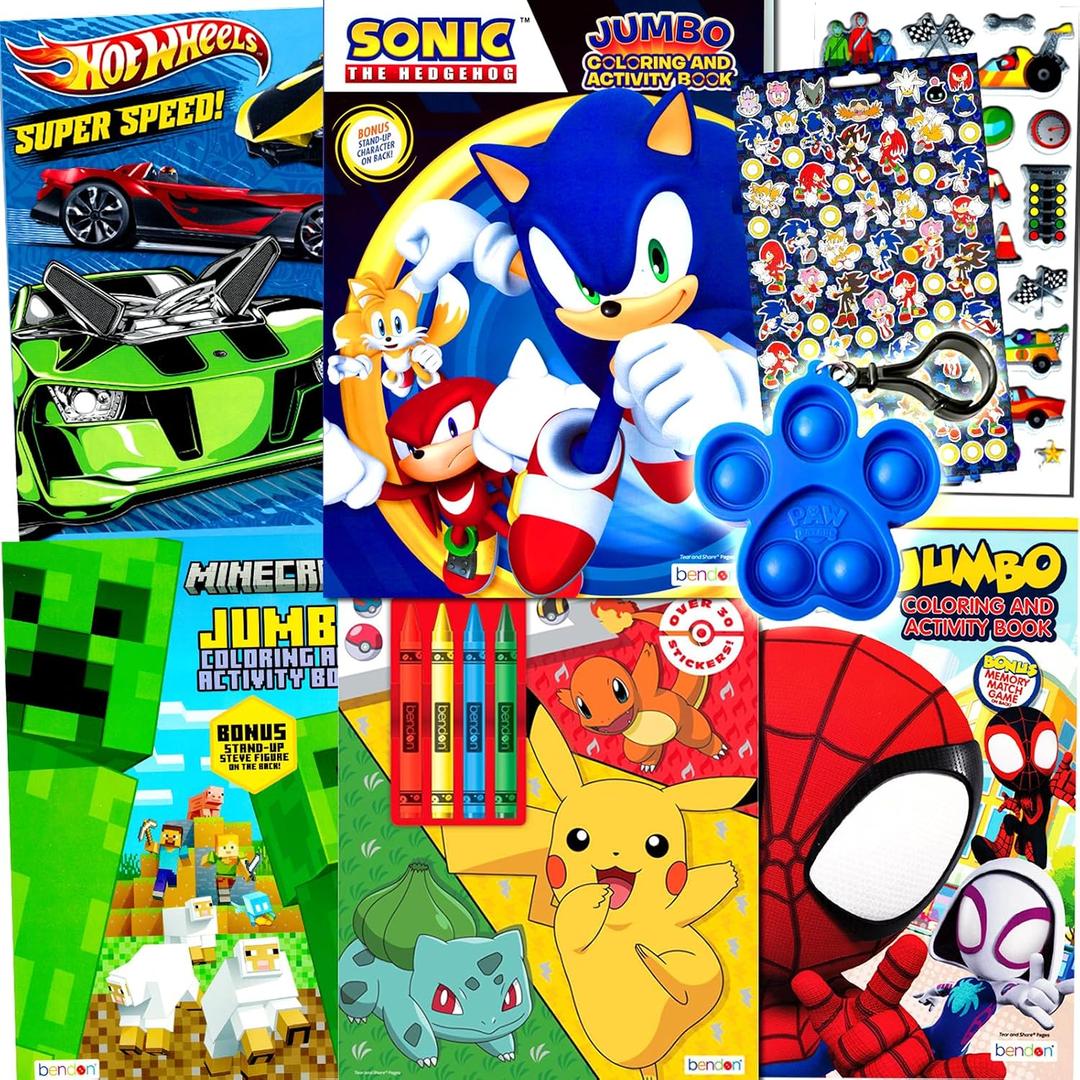 Kids Coloring & Activity Books for Boys Ages 4-8 Featuring Sonic The Hedgehog,Pokemon Bundle with Coloring Utensils, Stickers, and More