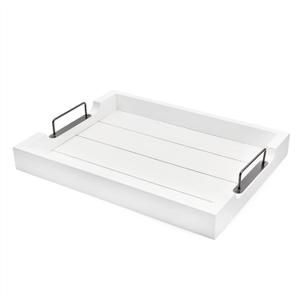 AuldHome Design Rustic Wood Serving Tray (White); Wooden Farmhouse Shiplap Decorative Ottoman Tray w/Black Metal Handles, 16.75 x 12.75 Inches