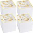 300 Pcs Square Plastic Plates with Forks Set Include 150 Disposable 6.5 Inch Dessert Plates Heavy Duty and 150 Plastic Appetizer Forks for 150 Guests Weddings Party Supplies(Gold)