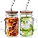 DRASTAR Iced Coffee Cup, 16 oz Mason Jar Cups with Handle, Glass Coffee Mugs with Straws and Acacia Lids, Drinking Glass Cups Set of 2, Smoothie, Overnight Oats Containers (Clear)