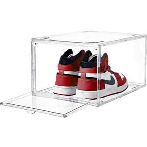 Ultra All Clear Shoe Boxes Plastic Stackable Professional Grade Shoe Display Case with Magnetic Front Drop Door Open Easy Assembly Modern Shoe Sneaker Display Case Fits US Size 14