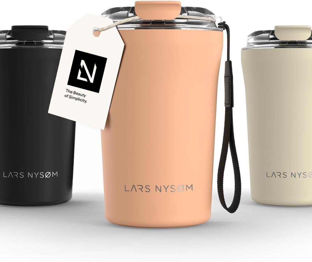 LARS NYSM Thermo Coffee Mug to go with Strap 13oz | Travel Mug 0.38 Liter with Insulation | Leak Proof Stainless Steel Thermal Tumbler for Coffee and Tea to Go (Creamy Peach, 12.9 oz)