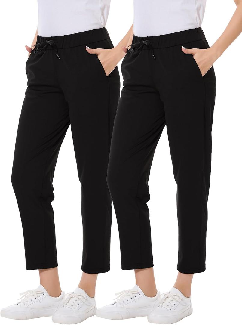 2 Pack Women's Golf Pants with Deep Pockets Stretch 7/8 Ankle Sweatpants for Athletic, Work, Travel, Lounge (Black, S)