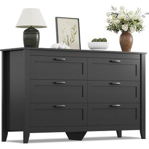 WLIVE Black Dresser for Bedroom, 6 Drawer Wood Dresser with Metal Handle, Large Double Wooden Chest of Drawers for Living Room, Hallway, Closet