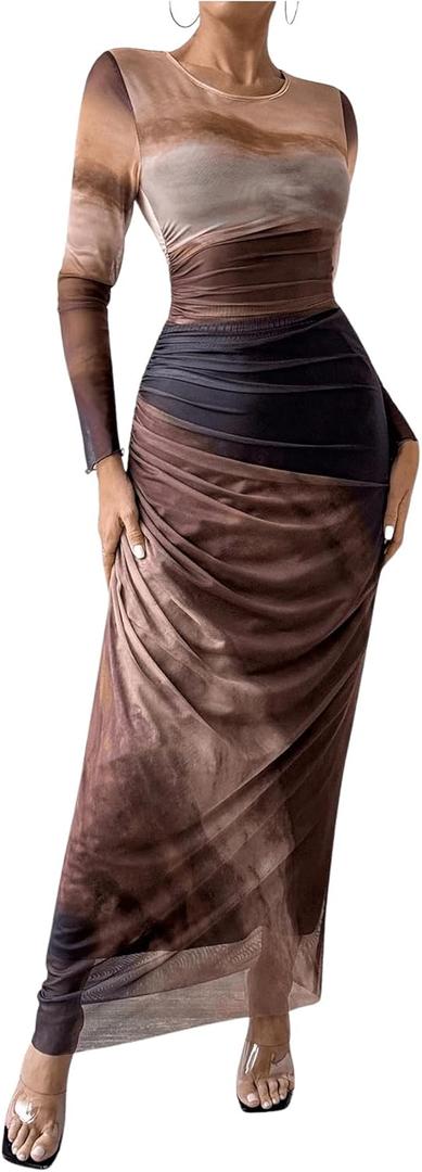 Women's Fall Wedding Guest Dress Long Sleeve Cocktail Date Night Sexy Y2K Bodycon Ruched Mesh Formal Maxi Dresses (Medium, Coffee Brown)