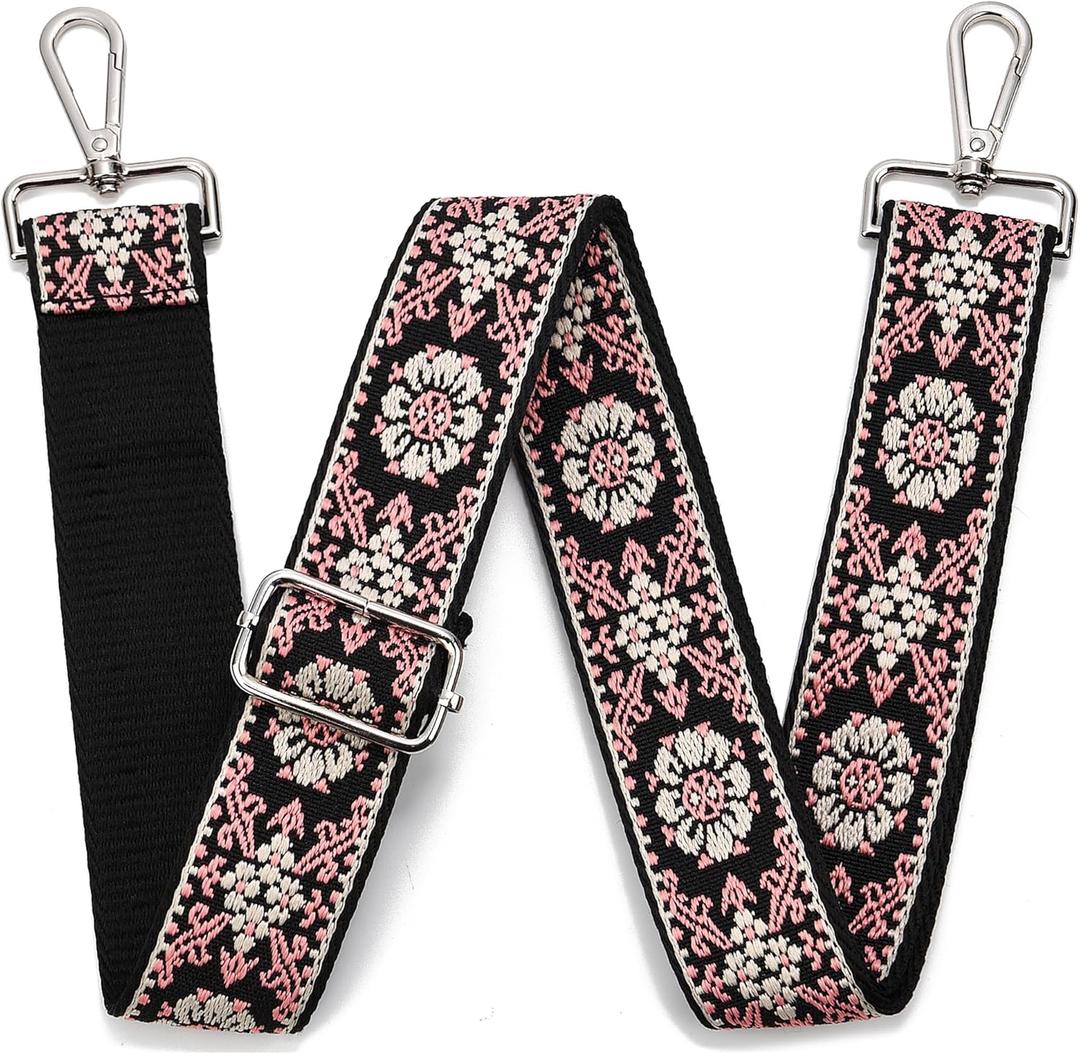 Purse Strap Adjustable Replacement Crossbody Bag Strap Retro Jacquard Embroidery Shoulder Straps for Canvas Bag (Silver Hardware-retro Flower-607)