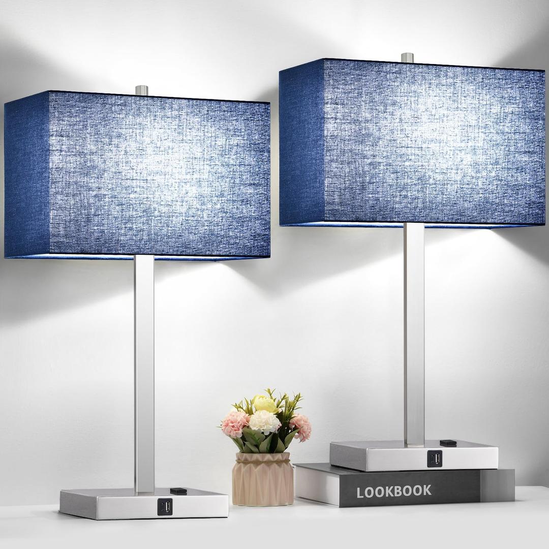 Lynnoland 21" Set of 2 Table lamp with USB A+C & AC Outlets, Touch Control 3-Way Dimmable Nightstand Lamps for Bedroom Living Room Office Reading, Blue Shade Touch Lamps, 5000K LED Bulbs Included