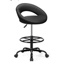 PU Leather Rolling Stool with Back Support Height Adjustable Swivel Stool Chair with Wheels Drafting Chair for Spa Slaon Massage Stable Base Foot Black