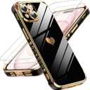 LeYi for iPhone 15 Case: with Tempered Glass Screen Protector [2 Pcs]+ Full Camera Lens Protection,Love Heart Plating Women Cute Luxury Soft TPU Shockproof Case for iPhone 15,Black 9Pcs