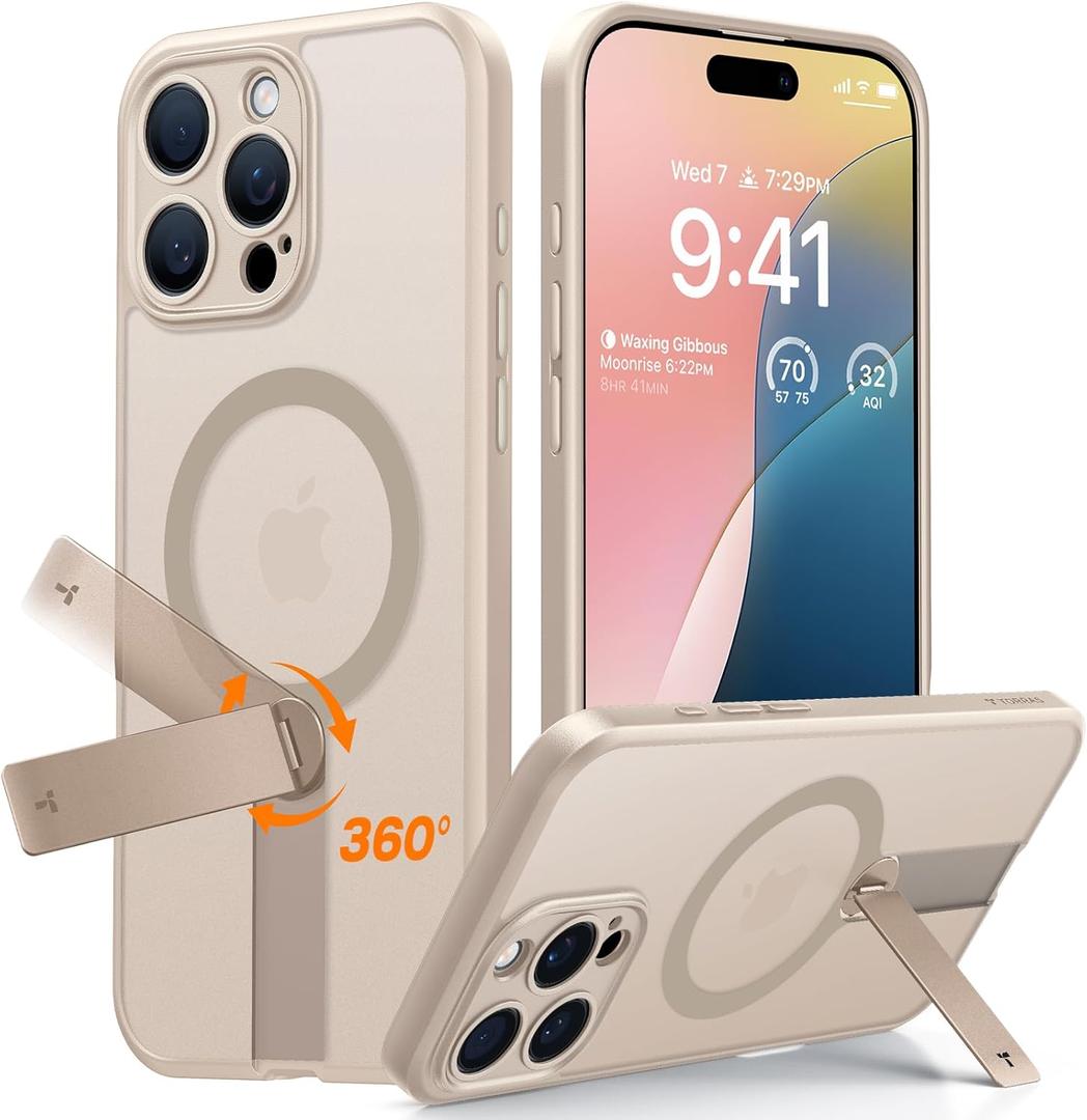 TORRAS Desert Titanium 360 Spin Stand Magnetic Case for iPhone 16 Pro Case with Full Camera Protection, Fit for MagSafe, 16FT Mil-Grade Shockproof Slim Phone Case for iPhone 16 Pro 6.3", Rose Gold