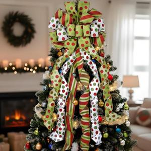 Christmas Tree Topper Bow Large Christmas Bow Tree Topper, Red Green Dot Polyester Ribbon Bows for Xmas Ornament Holiday Home Wedding Birthday Party Thanksgiving Indoor/Outdoor Decoration 45"x13"