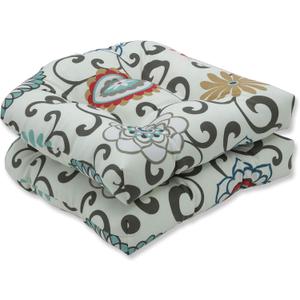 Pillow Perfect Floral Indoor/Outdoor Chairpad with Ties Reversible, Tufted, Weather, and Fade Resistant, 15.5" x 16", Blue/Brown Pom Pom Play 2 Count